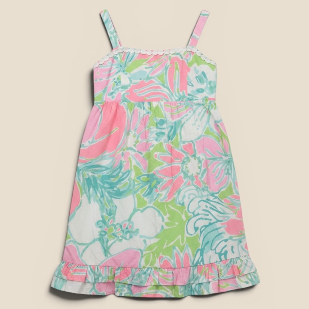 Lilly Pulitzer Girls Floral Sun Dress Pink Green Blue‎ Ruffle Size 6 19614